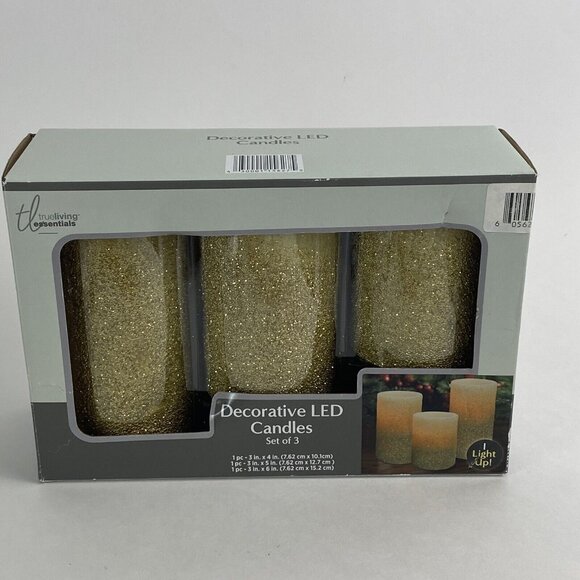 LED Decorative Candle Set Battery Gold Pillar Christmas Holiday Sparkle NEW - Picture 2 of 5